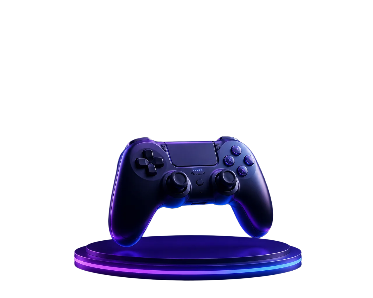 Game controller on a glowing platform surrounded by development tools